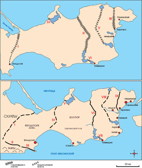  схемы расположения древних оборонительных валов на полуострове Керчь